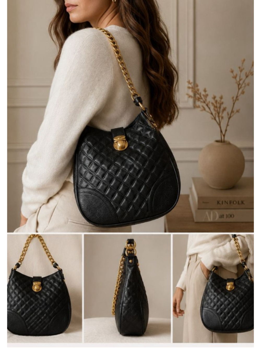 Y2K Quilted Leather Chain Shoulder Bag Black Gold Hardware Designer Inspired